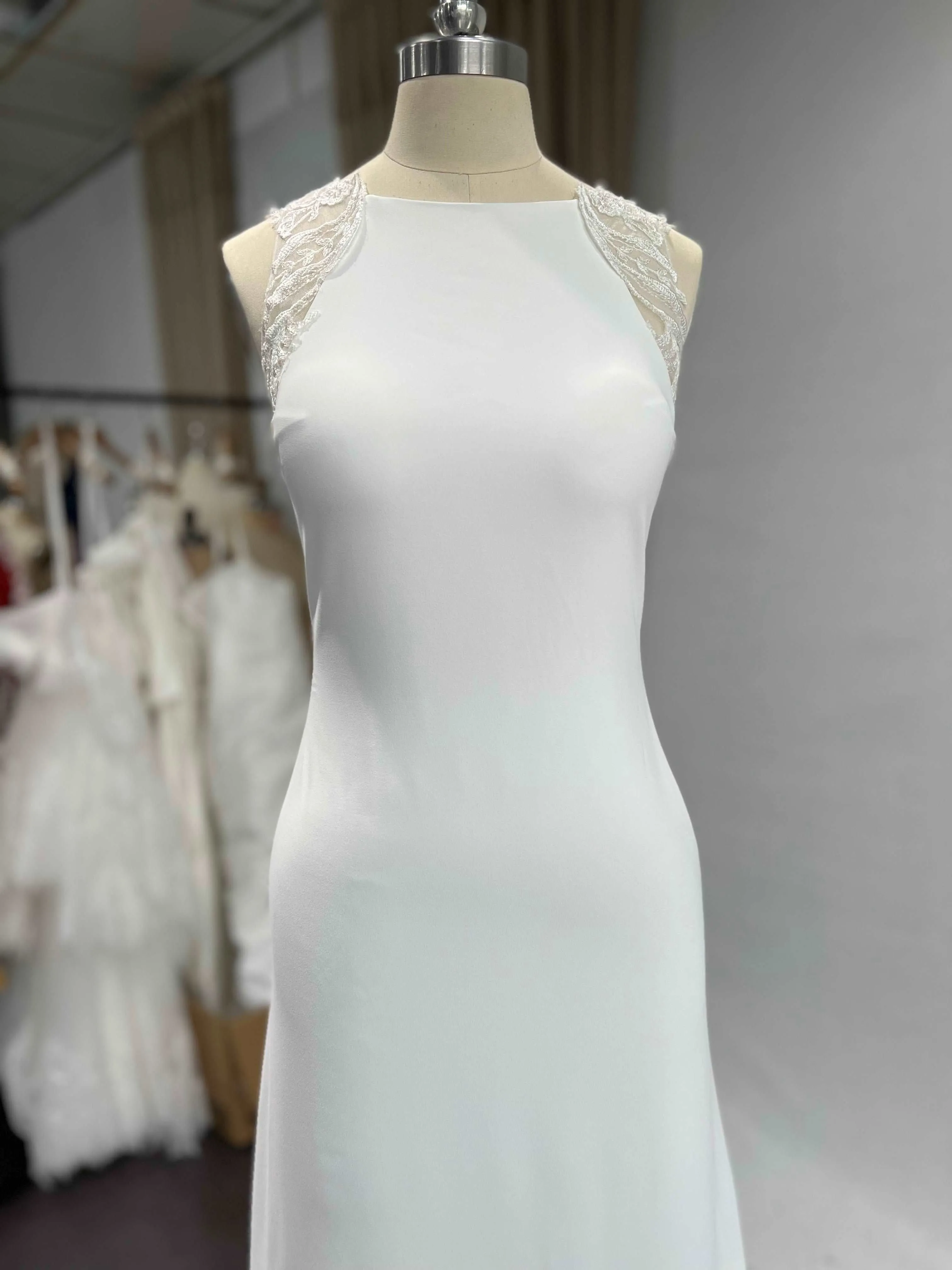 Halter Illusion Crepe Sheath Wedding Dress with Lace Train | Laura