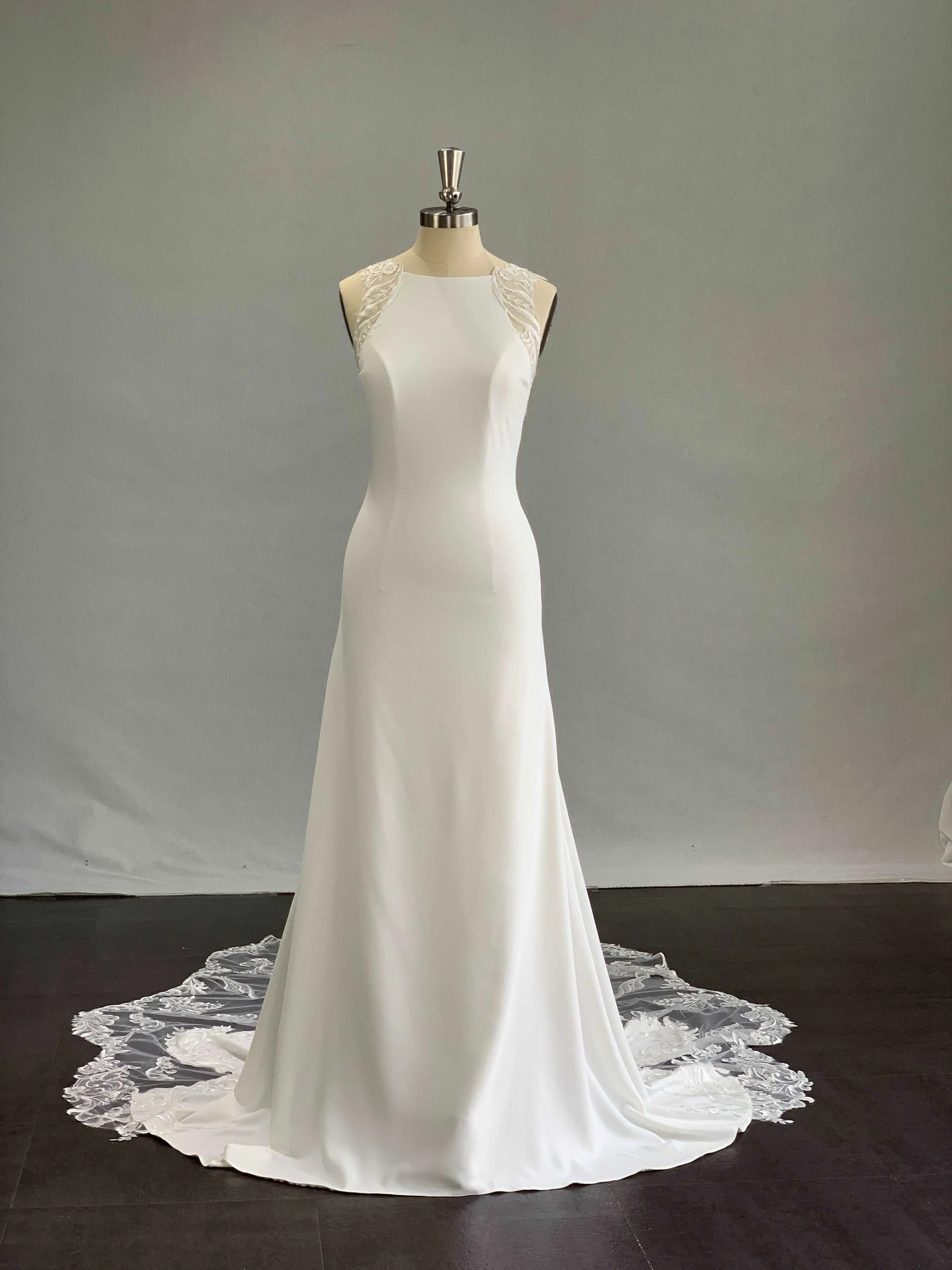 Halter Illusion Crepe Sheath Wedding Dress with Lace Train | Laura