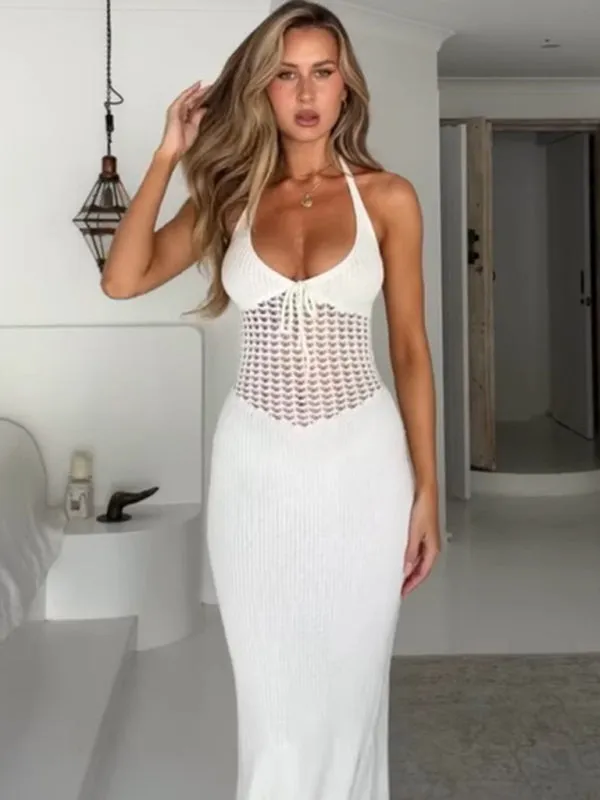 Halterneck Maxi Dress with Knitted Hollow Pattern