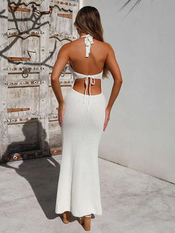 Halterneck Maxi Dress with Knitted Hollow Pattern