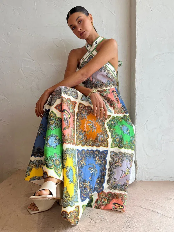 Halterneck Maxi Dress with Patchwork Print