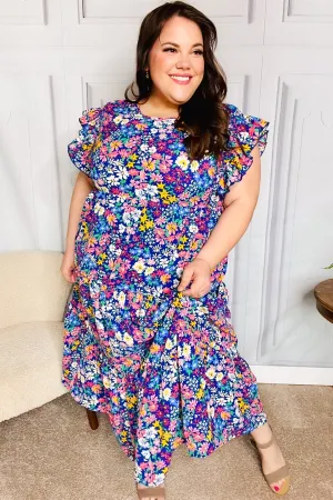 Haptics Just A Dream Navy Floral Smocked Ruffle Sleeve Maxi Dress