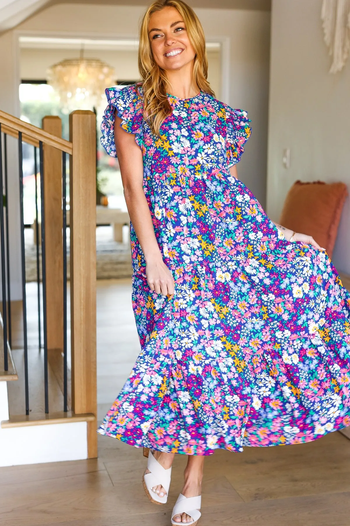 Haptics Just A Dream Navy Floral Smocked Ruffle Sleeve Maxi Dress