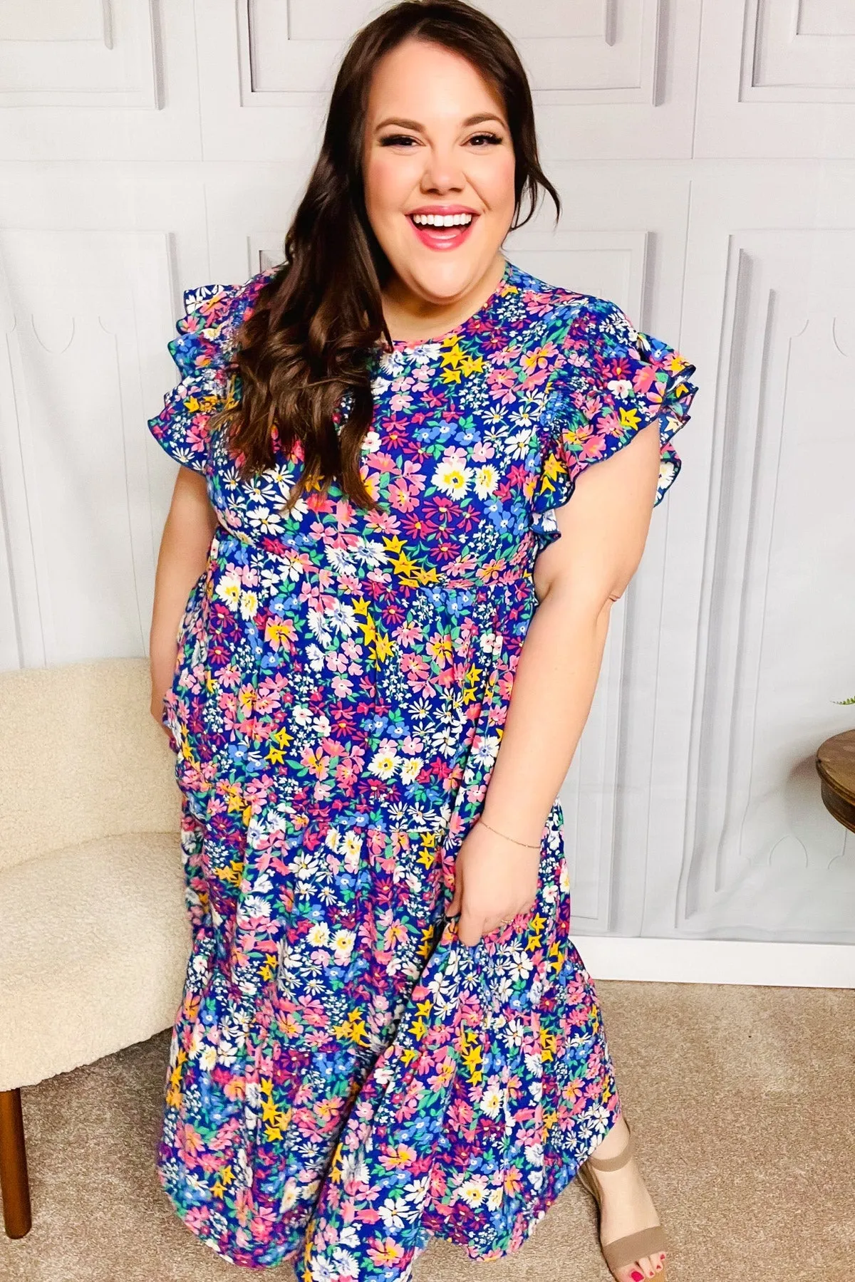 Haptics Just A Dream Navy Floral Smocked Ruffle Sleeve Maxi Dress