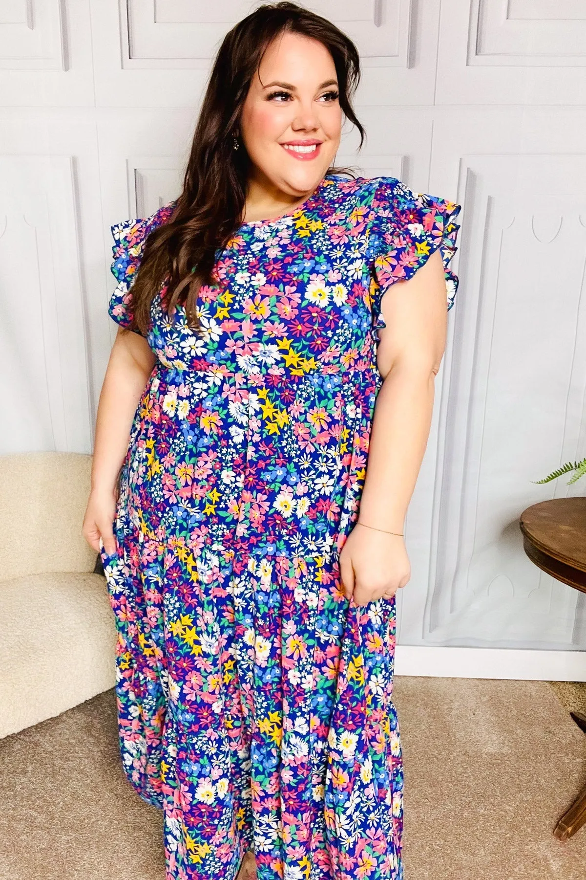Haptics Just A Dream Navy Floral Smocked Ruffle Sleeve Maxi Dress