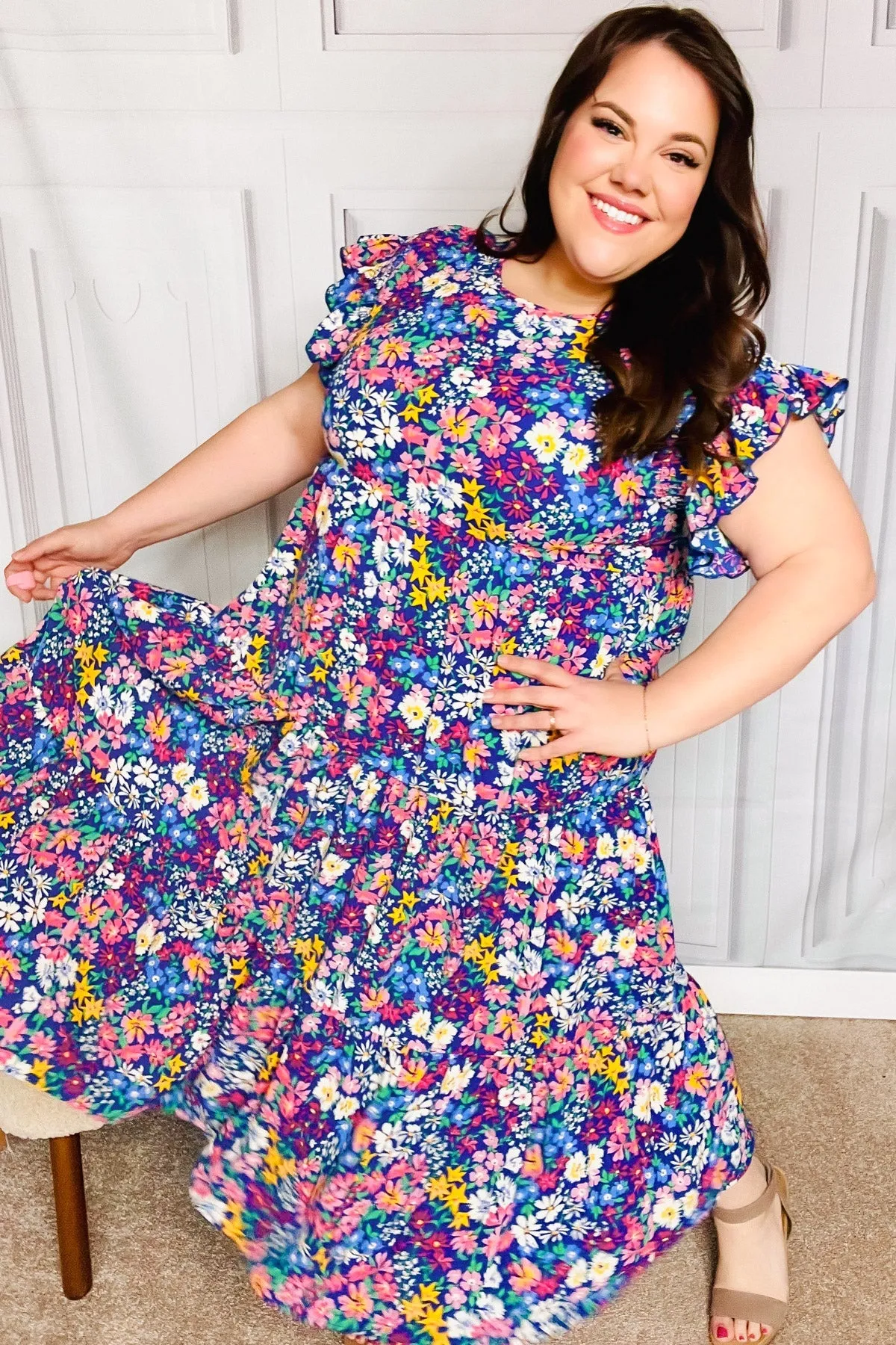 Haptics Just A Dream Navy Floral Smocked Ruffle Sleeve Maxi Dress