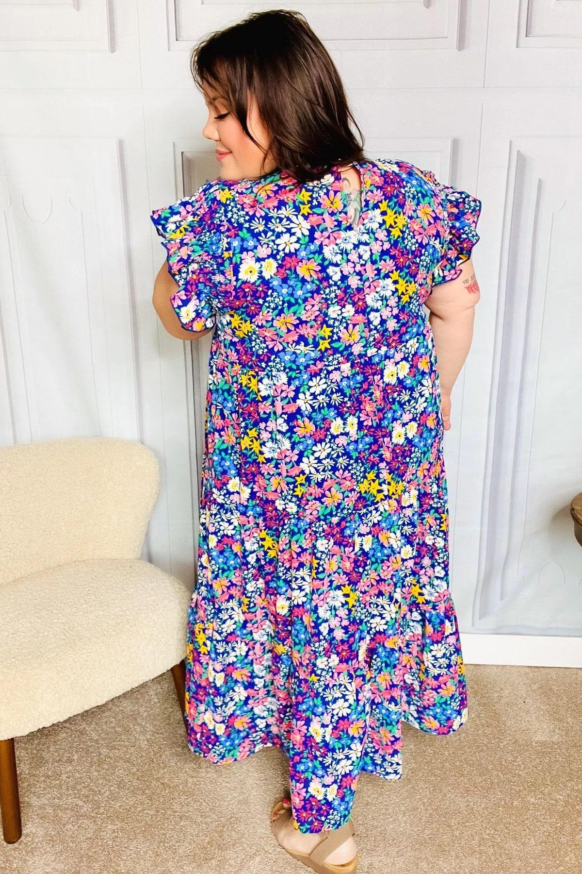 Haptics Just A Dream Navy Floral Smocked Ruffle Sleeve Maxi Dress