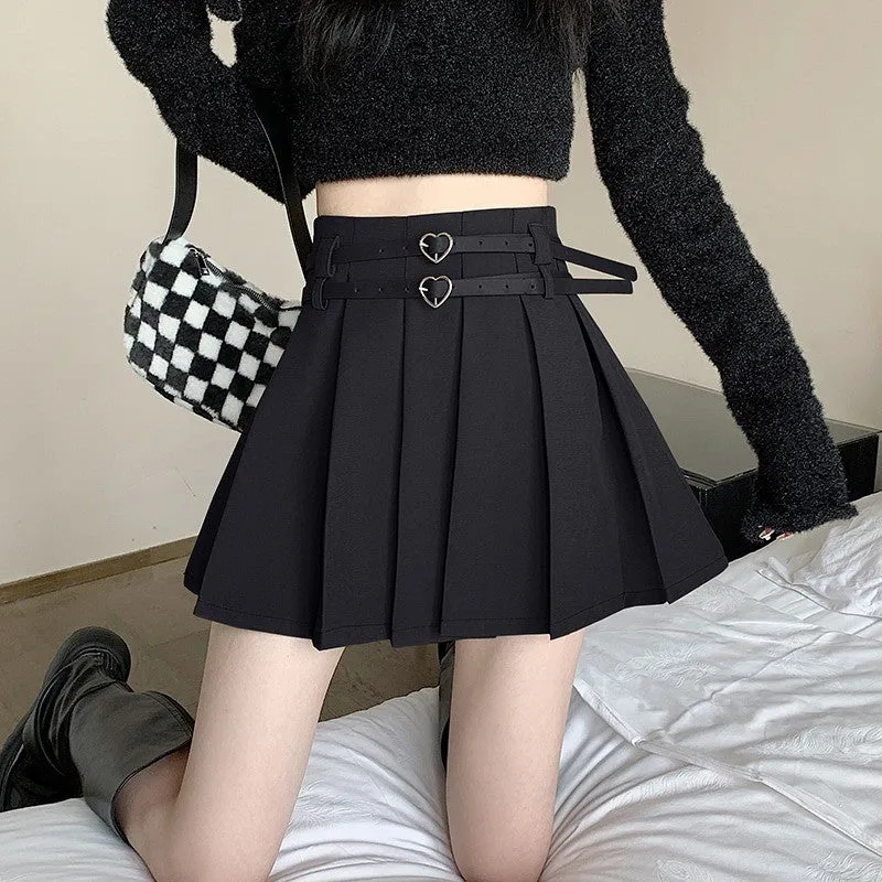 Heart Double Belt Pleated Skirt HA1466
