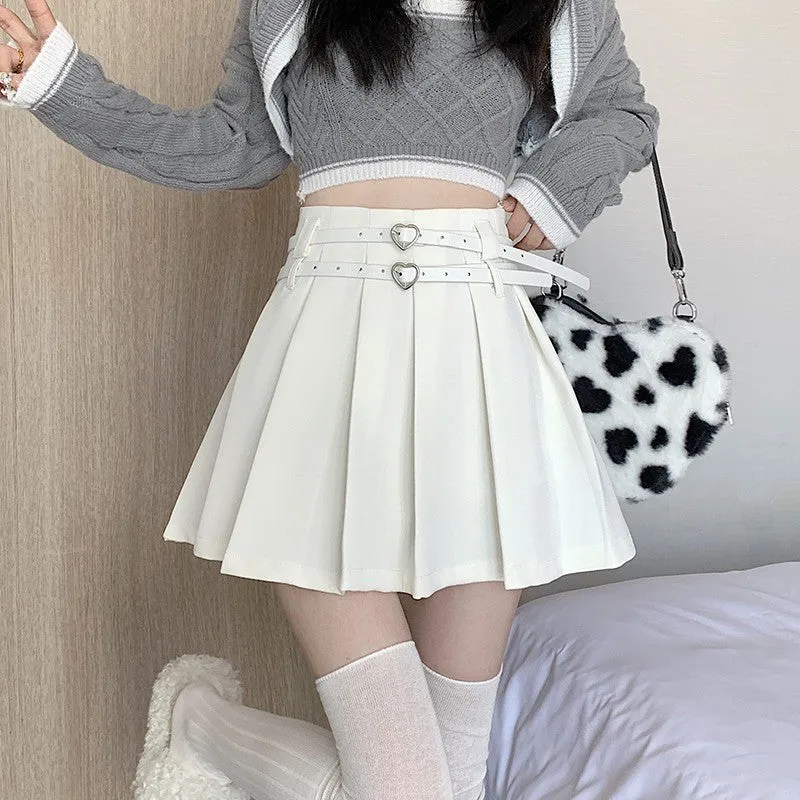 Heart Double Belt Pleated Skirt HA1466