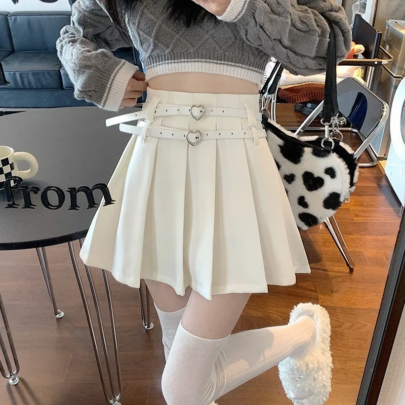 Heart Double Belt Pleated Skirt HA1466