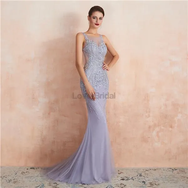 Heavily Beaded Lilac Mermaid Evening Prom Dresses, Evening Party Prom Dresses, 12110