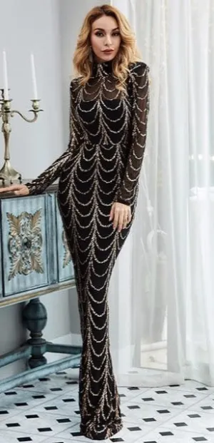 High Neck Wave Sequins See Though Women Maxi Dresses