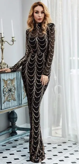 High Neck Wave Sequins See Though Women Maxi Dresses