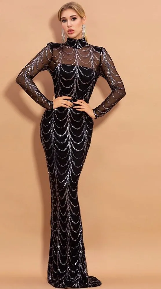 High Neck Wave Sequins See Though Women Maxi Dresses