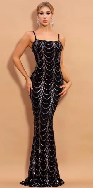 High Neck Wave Sequins See Though Women Maxi Dresses