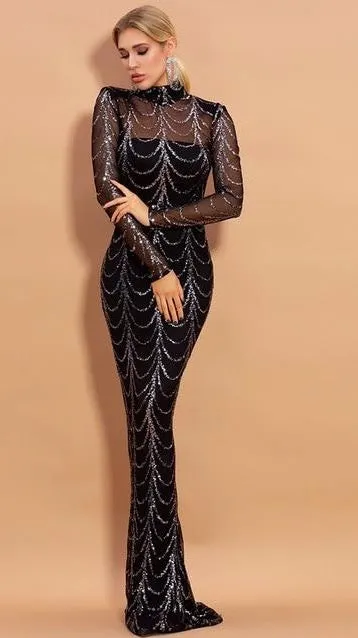 High Neck Wave Sequins See Though Women Maxi Dresses