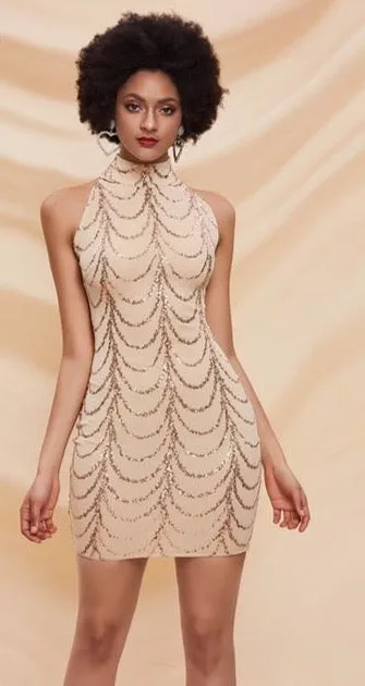 High Neck Wave Sequins See Though Women Maxi Dresses