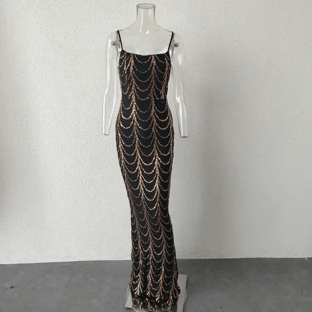 High Neck Wave Sequins See Though Women Maxi Dresses
