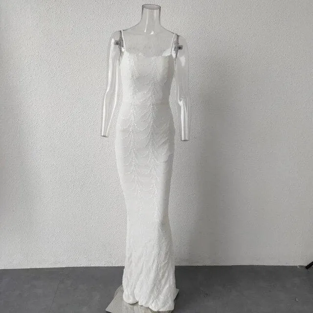High Neck Wave Sequins See Though Women Maxi Dresses