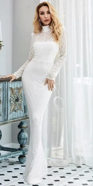 High Neck Wave Sequins See Though Women Maxi Dresses