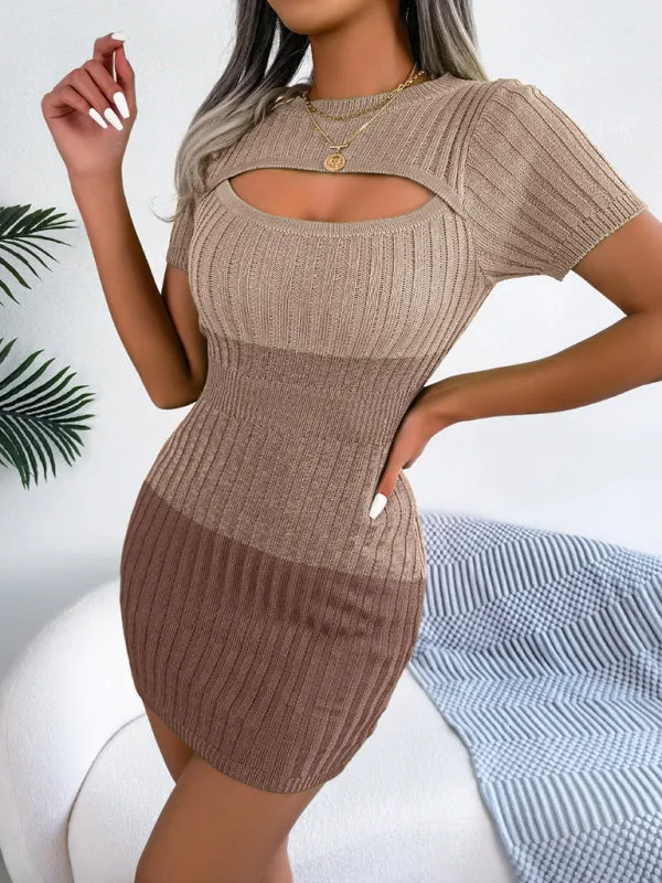 Hollow-Out Knit Sheath Dress with Gradient Pattern and Asymmetrical Hem