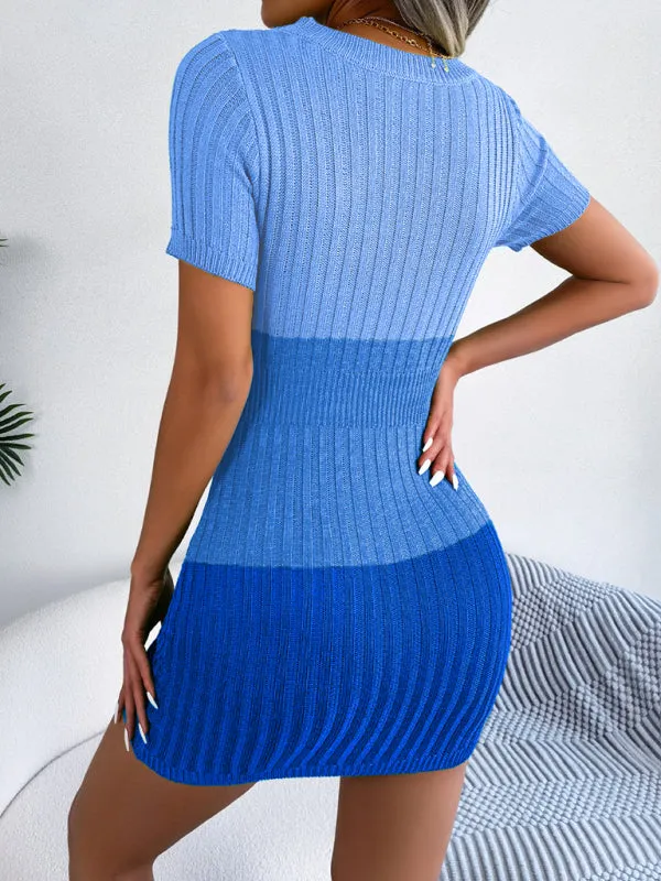 Hollow-Out Knit Sheath Dress with Gradient Pattern and Asymmetrical Hem