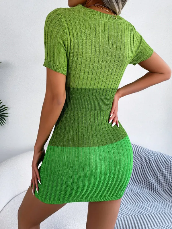 Hollow-Out Knit Sheath Dress with Gradient Pattern and Asymmetrical Hem