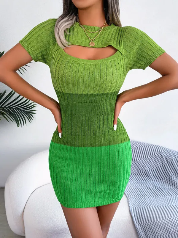 Hollow-Out Knit Sheath Dress with Gradient Pattern and Asymmetrical Hem