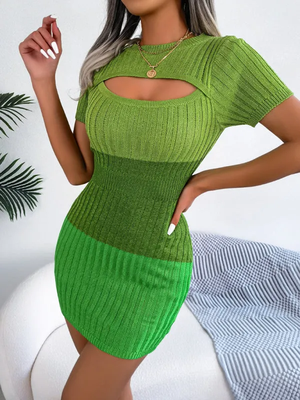 Hollow-Out Knit Sheath Dress with Gradient Pattern and Asymmetrical Hem