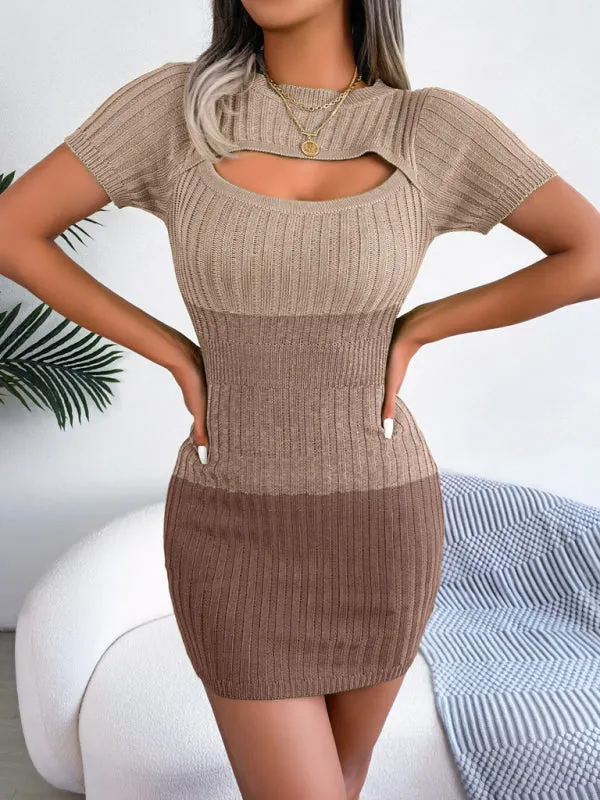 Hollow-Out Knit Sheath Dress with Gradient Pattern and Asymmetrical Hem