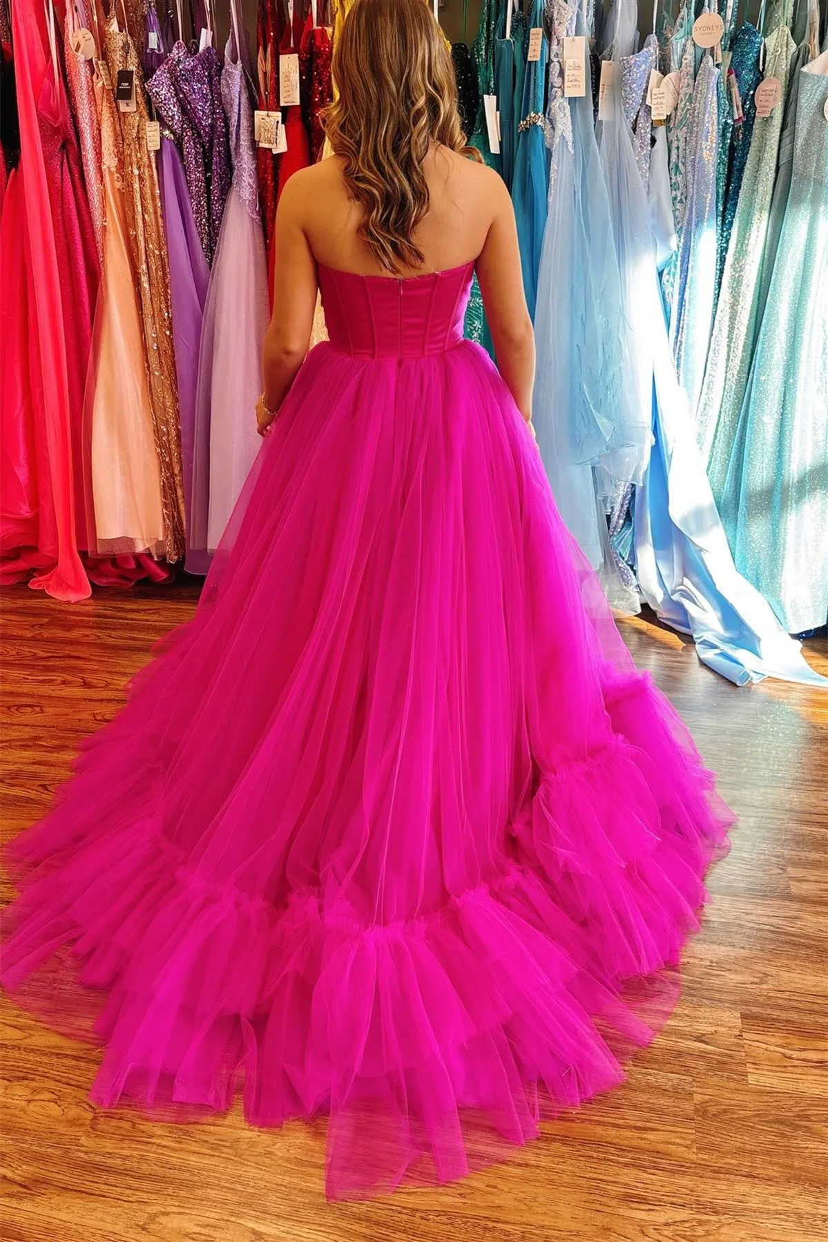 Hot Pink Sweetheart Ruffle Long Prom Dress