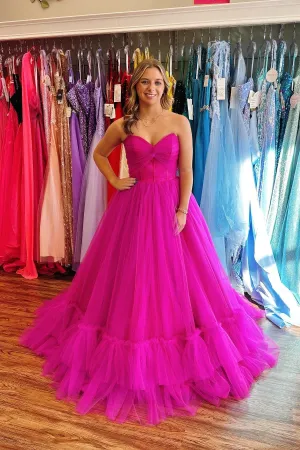 Hot Pink Sweetheart Ruffle Long Prom Dress