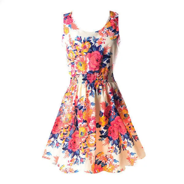 Hot Women Mini Chiffon Beach Dress Vestidos Sleeveless Sundress Floral Tank Dresses