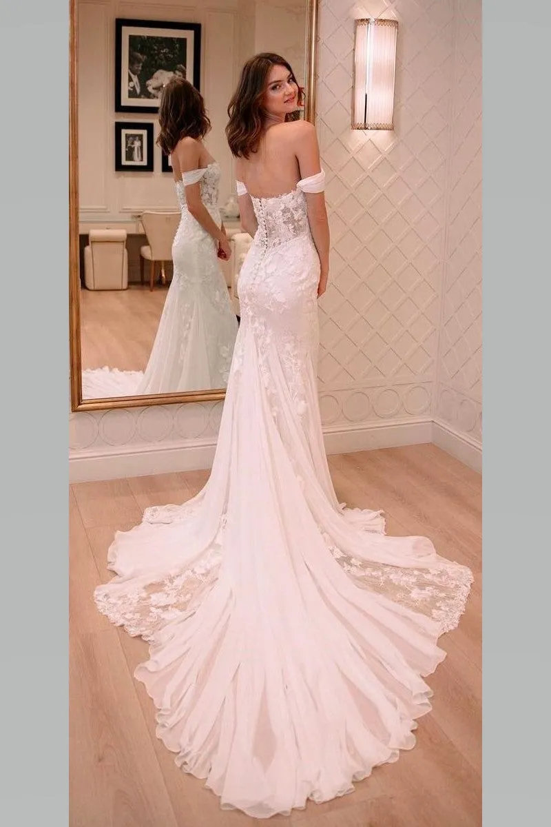 Ivory Appliques Sheath Wedding Dress Off-the-shoulder