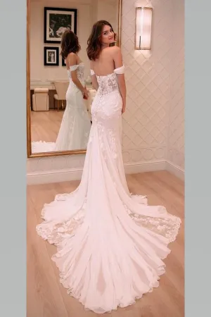 Ivory Appliques Sheath Wedding Dress Off-the-shoulder
