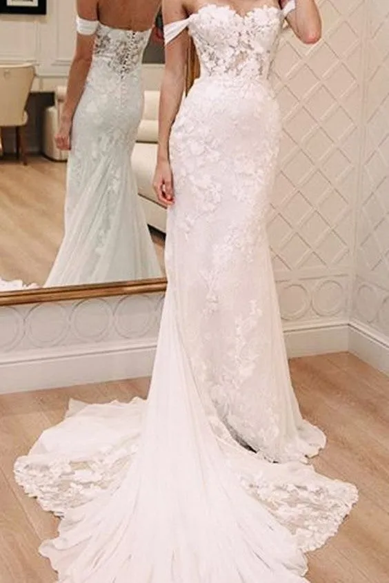 Ivory Appliques Sheath Wedding Dress Off-the-shoulder
