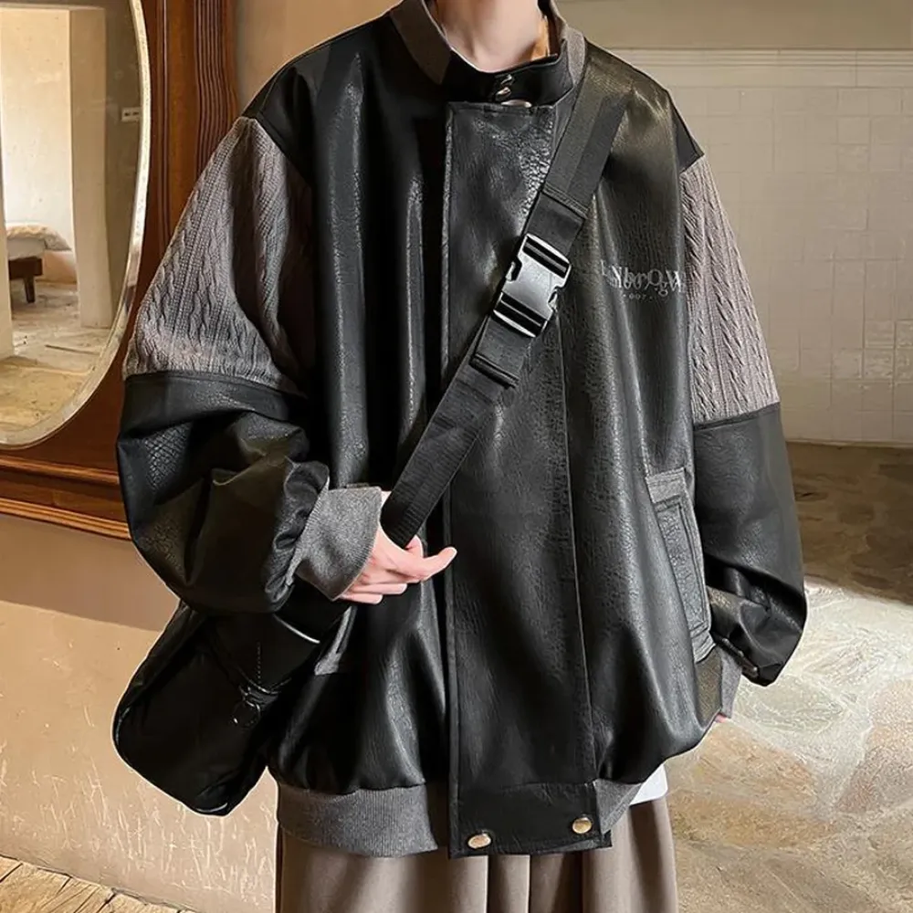 Japanese Pu Leather Splicing Wool Jacket