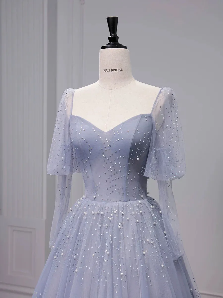 JazzHer Chic Ball Gown Strapless Blue Tulle Long Prom Dresses With Beads Party Dress (PRE-ORDER)