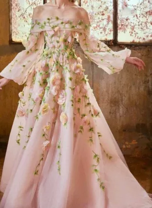 JazzHer Elegant A line Off The Shoulder Long Sleeves Floral Pink Tulle Party Dress Prom Dresses Evening Dress (PRE-ORDER)