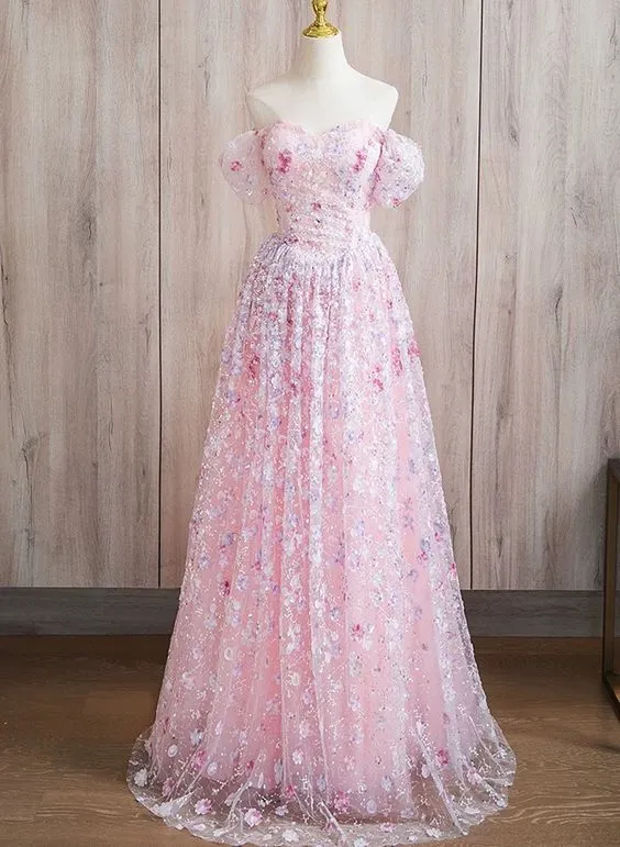 JazzHer Elegant A line Off The Shoulder Short Sleeves Floral Pink Tulle Party Dress Prom Dresses Evening Dress (PRE-ORDER)