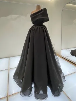 JazzHer Elegant A line One Shoulder Black Long Prom Dress Evening Dresses With Ruffles (PRE-ORDER)