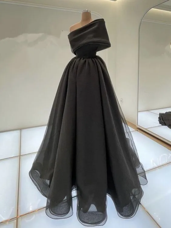 JazzHer Elegant A line One Shoulder Black Long Prom Dress Evening Dresses With Ruffles (PRE-ORDER)