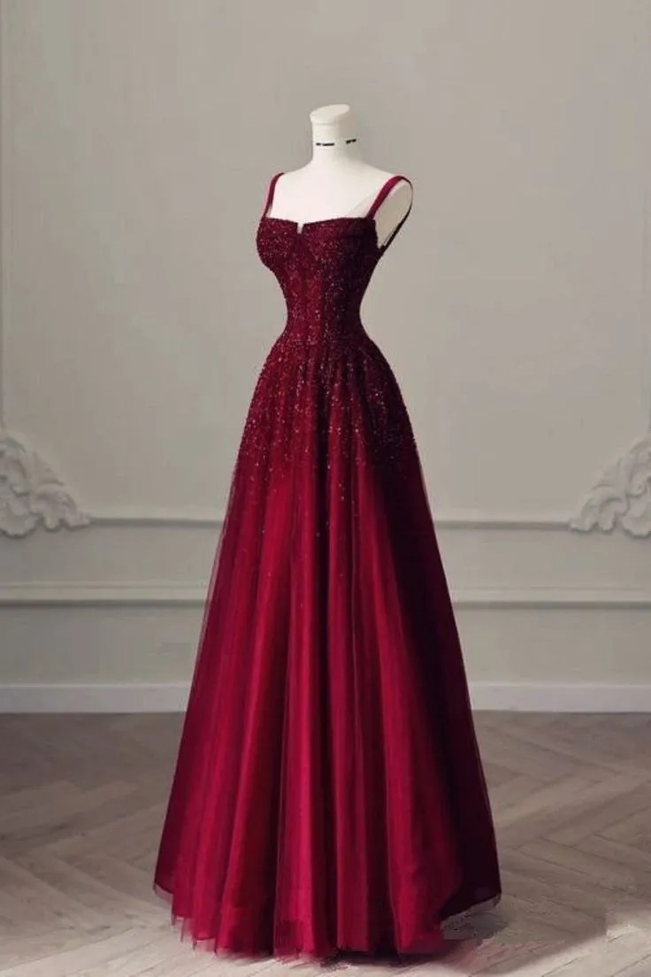 JazzHer Elegant A Line Spaghetti Straps Burgundy Sequin Prom Dresses Long Evening Dress With Beads (PRE-ORDER)