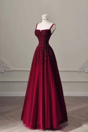 JazzHer Elegant A Line Spaghetti Straps Burgundy Sequin Prom Dresses Long Evening Dress With Beads (PRE-ORDER)