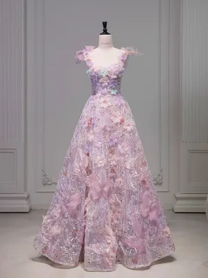 JazzHer Elegant A line Square Neckline Sleeveless Floral Pink Tulle Party Dress Prom Dresses Evening Dress (PRE-ORDER)