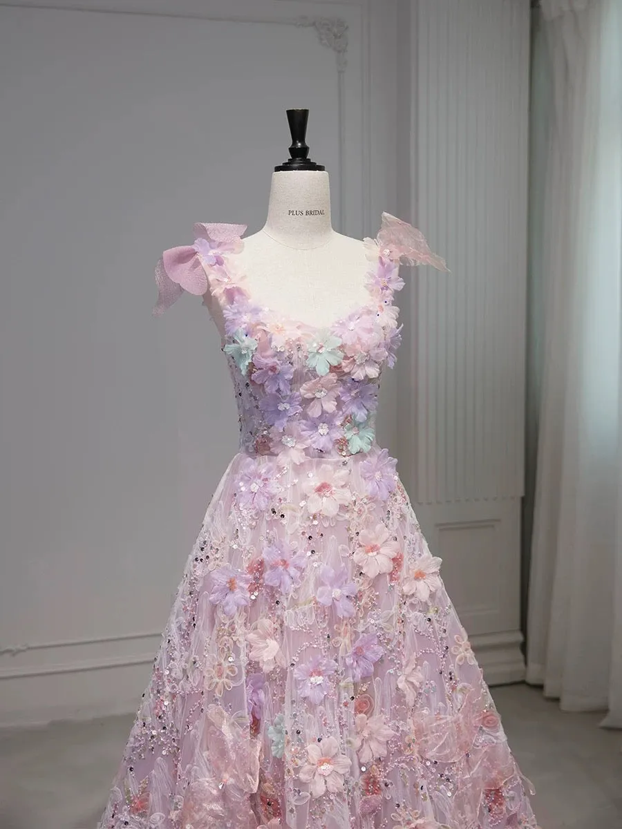 JazzHer Elegant A line Square Neckline Sleeveless Floral Pink Tulle Party Dress Prom Dresses Evening Dress (PRE-ORDER)