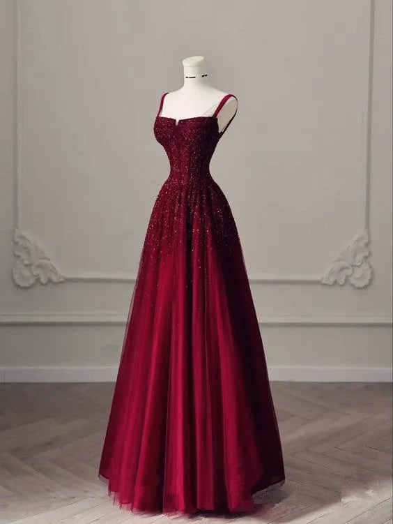JazzHer Elegant A Line Straps Burgundy Tulle Satin Long Prom Dresses Evening Dress (PRE-ORDER)
