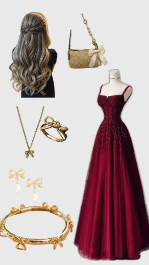 JazzHer Elegant A Line Straps Burgundy Tulle Satin Long Prom Dresses Evening Dress (PRE-ORDER)