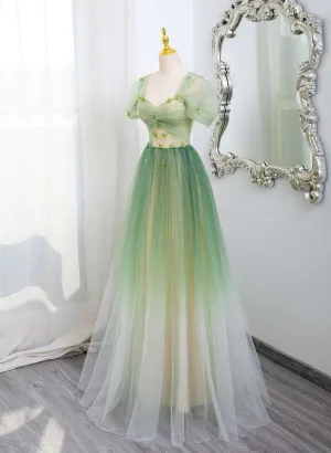 JazzHer Elegant A line Sweetheart Short Sleeves Ombre Green Tulle Party Dress Prom Dresses Evening Dress (PRE-ORDER)