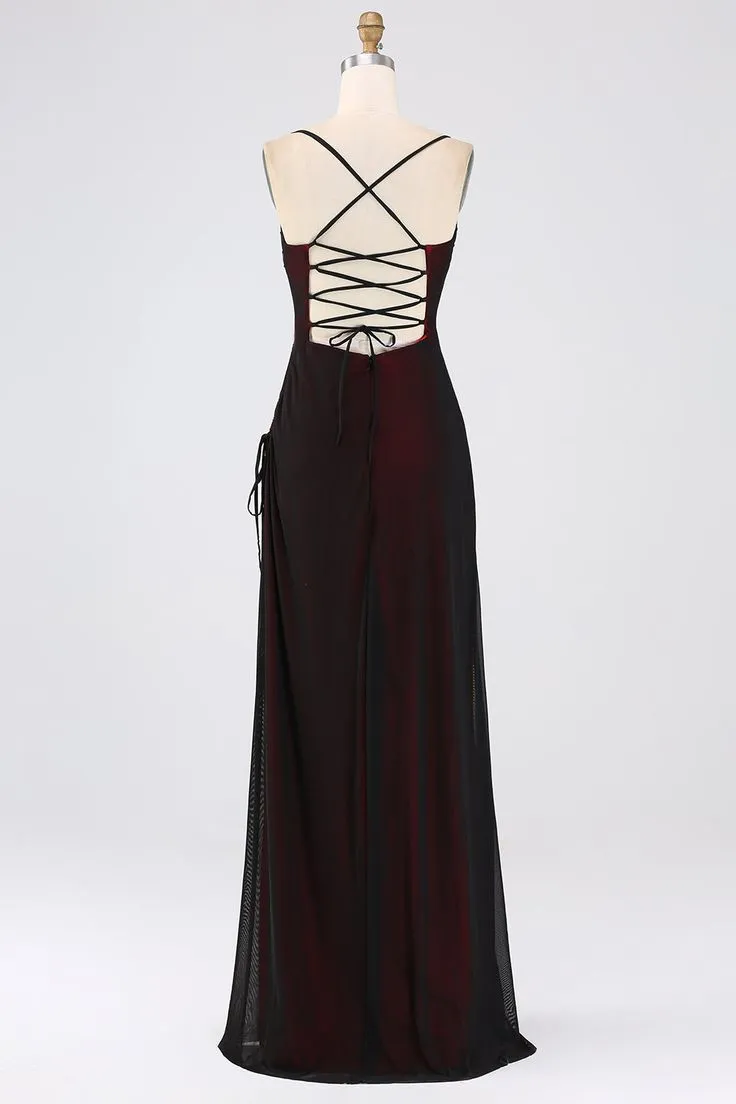 JazzHer Elegant Mermaid Spaghetti Straps Burgundy Black Tulle Long Prom Dresses Party Dress (PRE-ORDER)